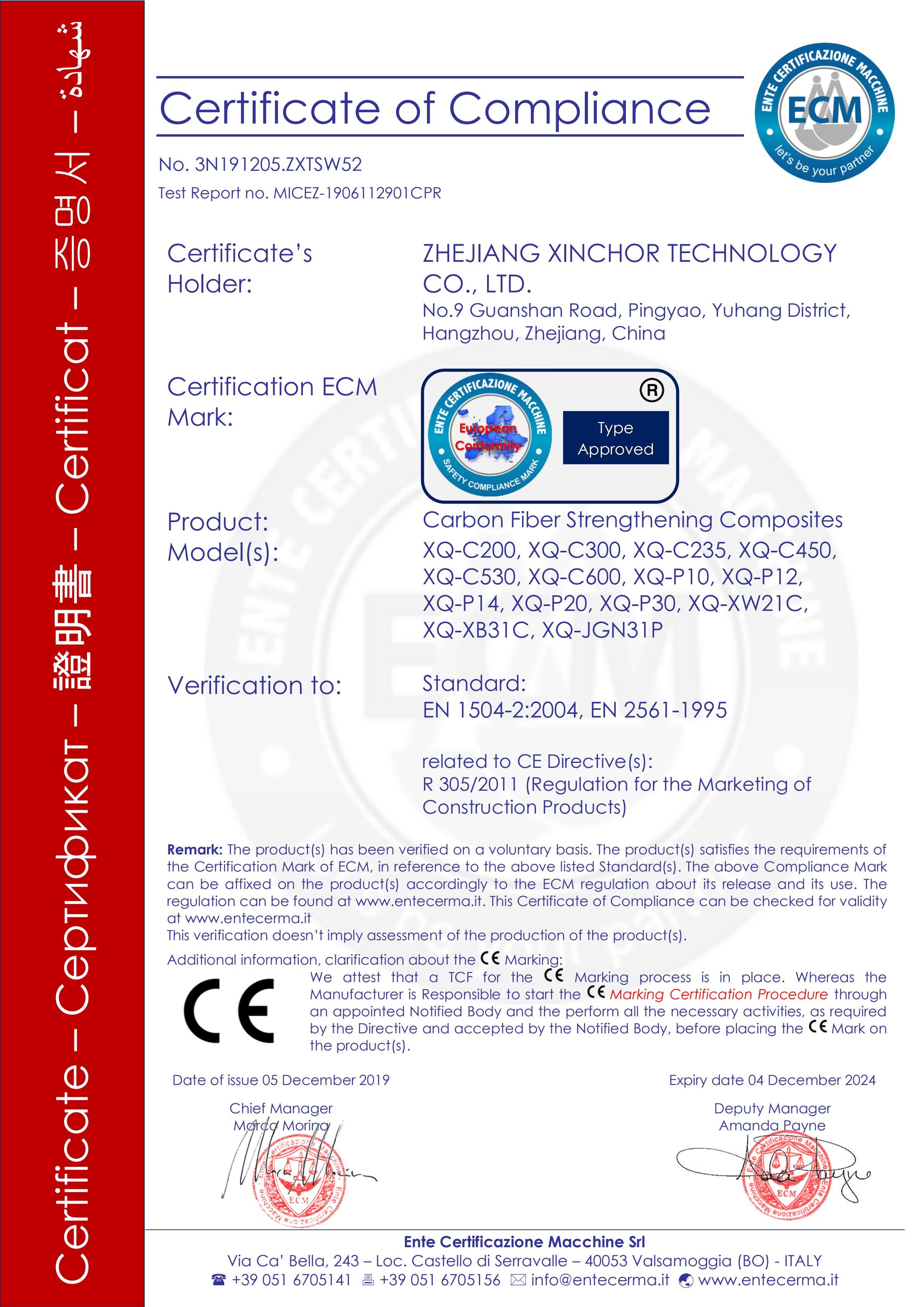 China ZHEJIANG XINCHOR TECHNOLOGY CO., LTD. Certificaciones